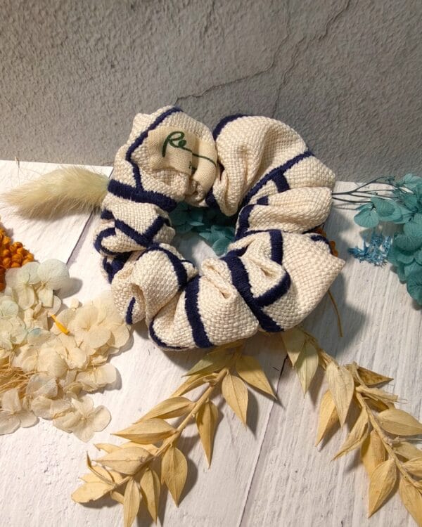 Navy Blue Embroidered Cream Scrunchie by RE-:Petite