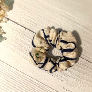 kkj-Photoroom Navy Blue Embroidered Cream Scrunchie by RE-:Petite