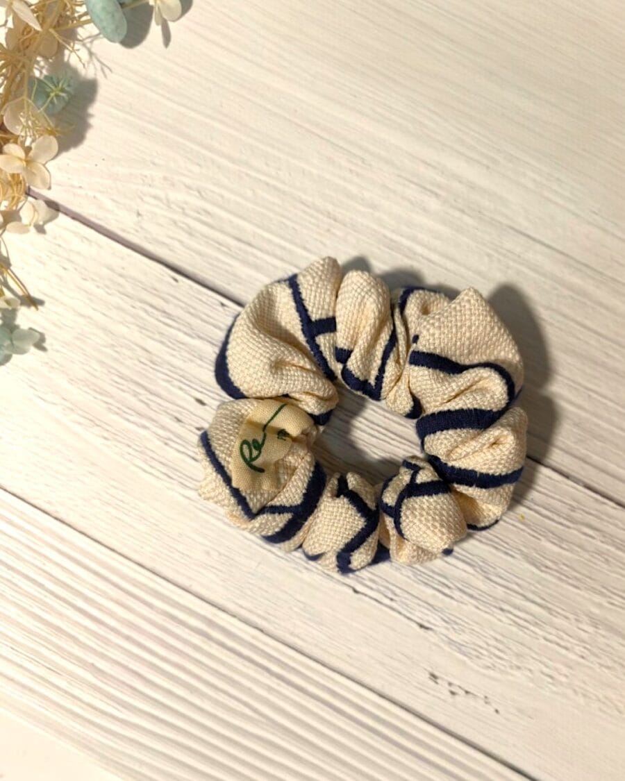 kkj-Photoroom Navy Blue Embroidered Cream Scrunchie by RE-:Petite